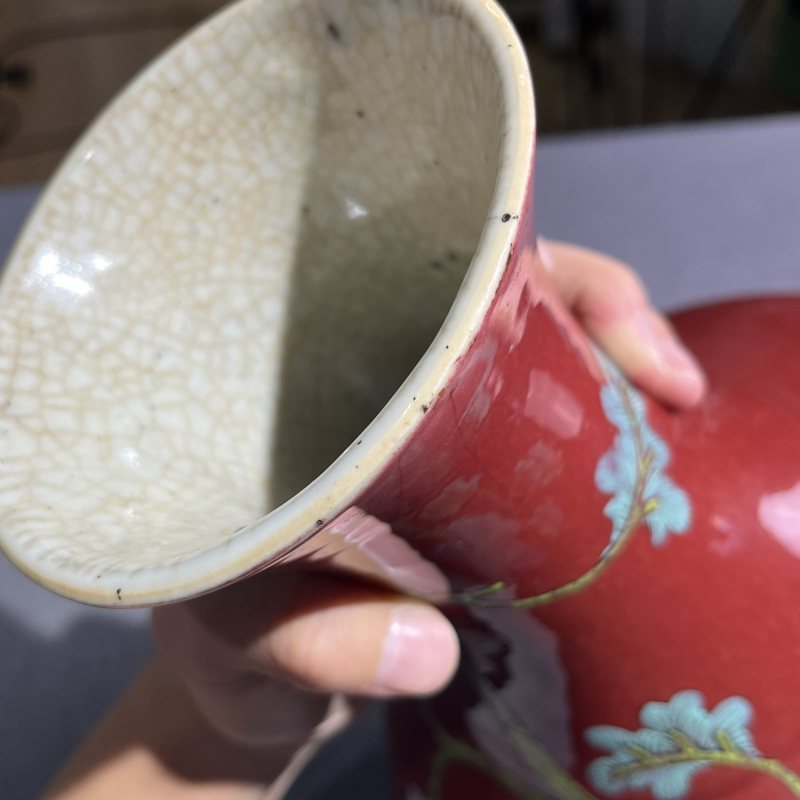 清中期红釉花鸟赏瓶 - 图11