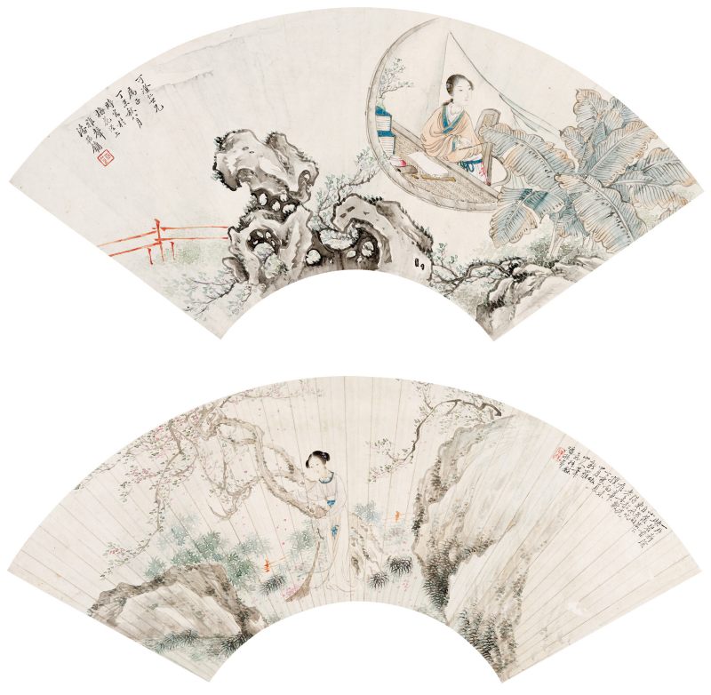 丁亥（1887年）、丁未（1907年）作 潘振节、潘振镛 仕女二帧 - 图1