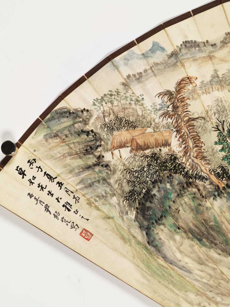 丙子（1936年）、昭阳作噩（1933年）、戊寅（1938年）作 尹绍崑、钱达根、寿玺 山水成扇两柄 - 图28