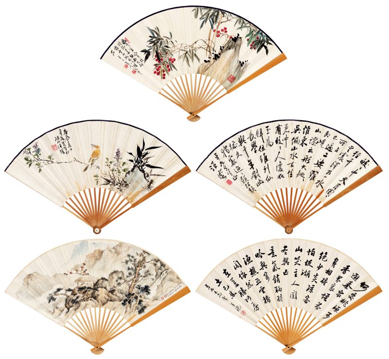 庚辰（1940年）、丁丑（1937年）作 汪溶、金执中、窦以锐、陈半丁 花鸟山水成扇三柄