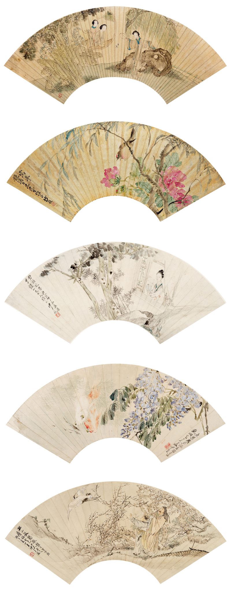 庚寅（1890年）、丙子（1876年）作 沙馥 人物花鸟五帧 - 图1