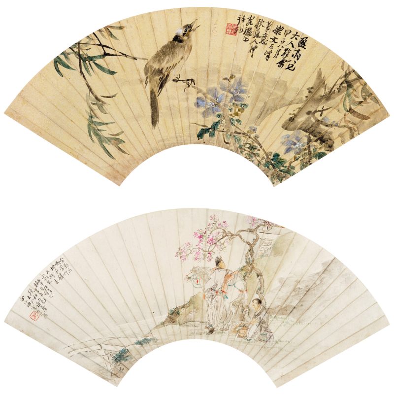丙申（1896年）、甲子（1864年）作 沈心海、王礼 花鸟人物二帧 - 图1