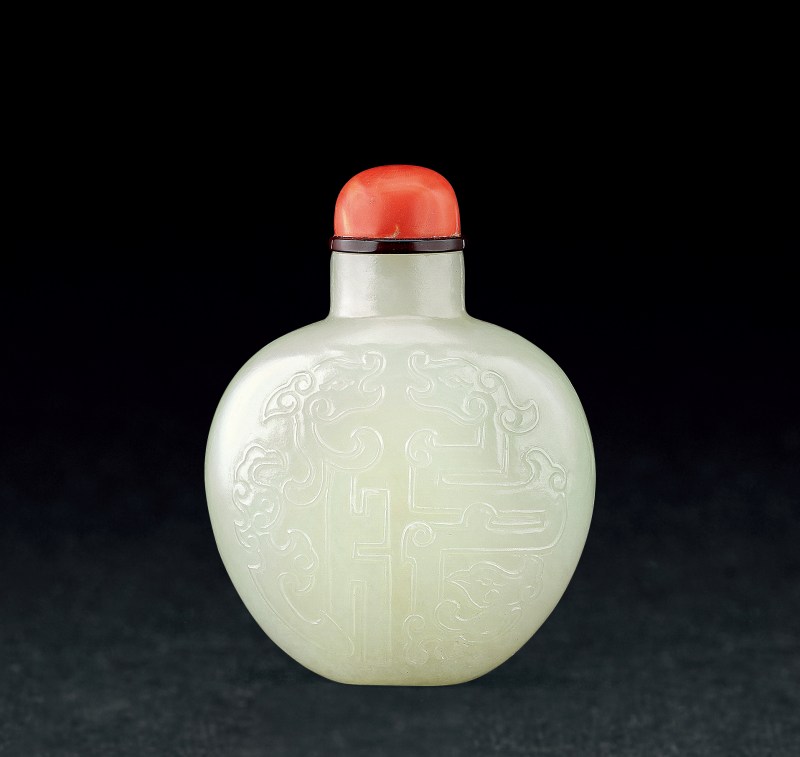 清中期  白玉龍鳳團福紋煙壺 - 图1