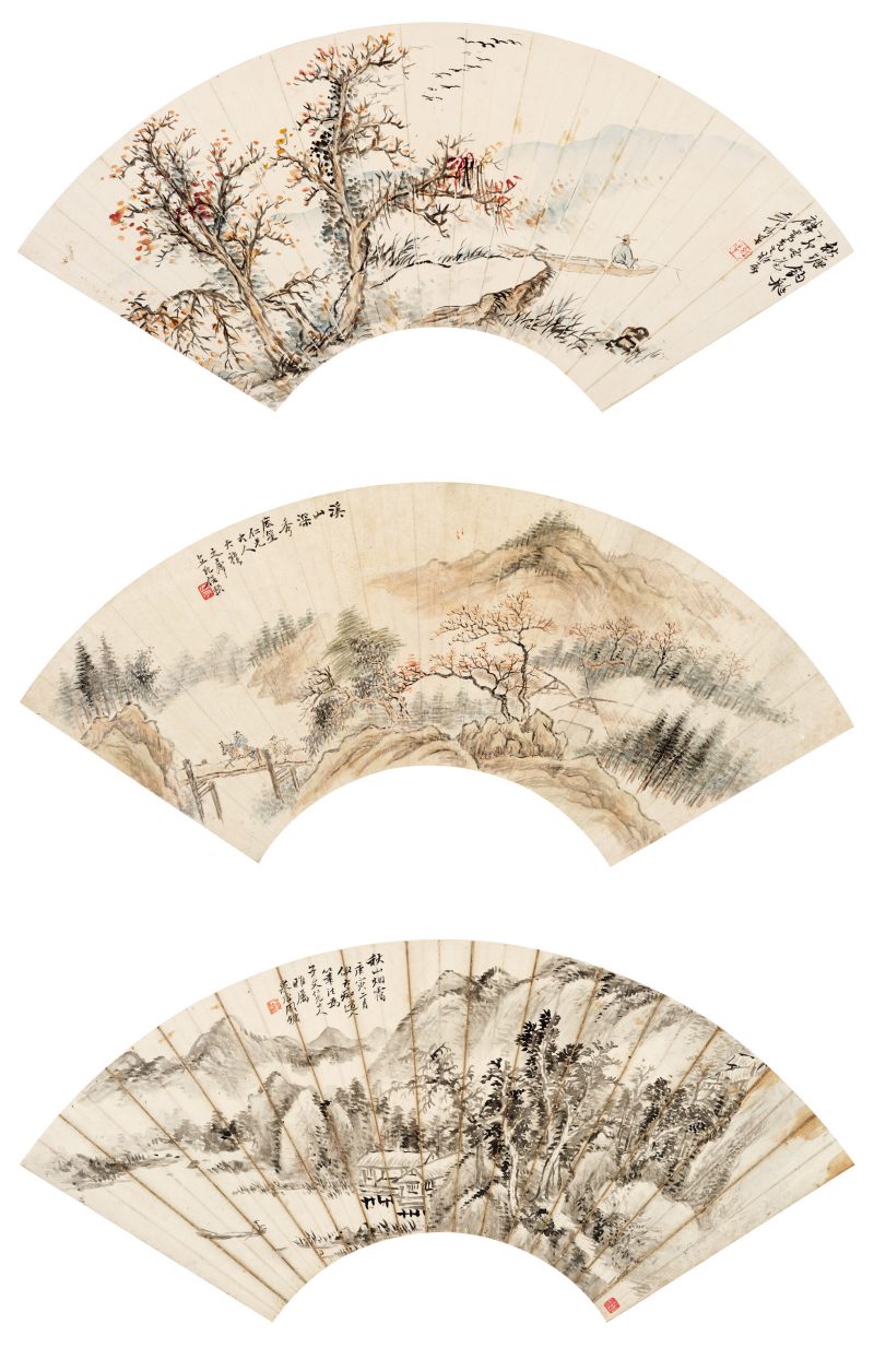 庚寅（1890年）、丁卯（1927年）作 任颐、袁培基、周镛 山水三帧 - 图1