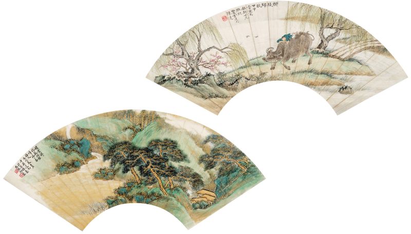 甲申（1944年）、丙戌（1946年）作 陈达、尤小云 山水二帧 - 图1