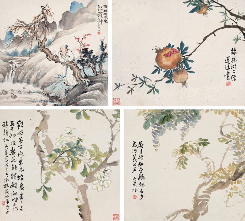 丁丑（1877年）作 莲溪、姚琛 花卉人物四帧 - 图1