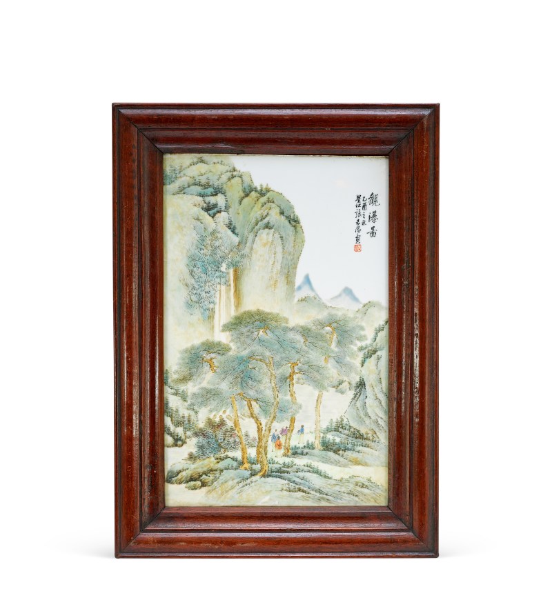 民國張志湯粉彩觀瀑圖瓷板