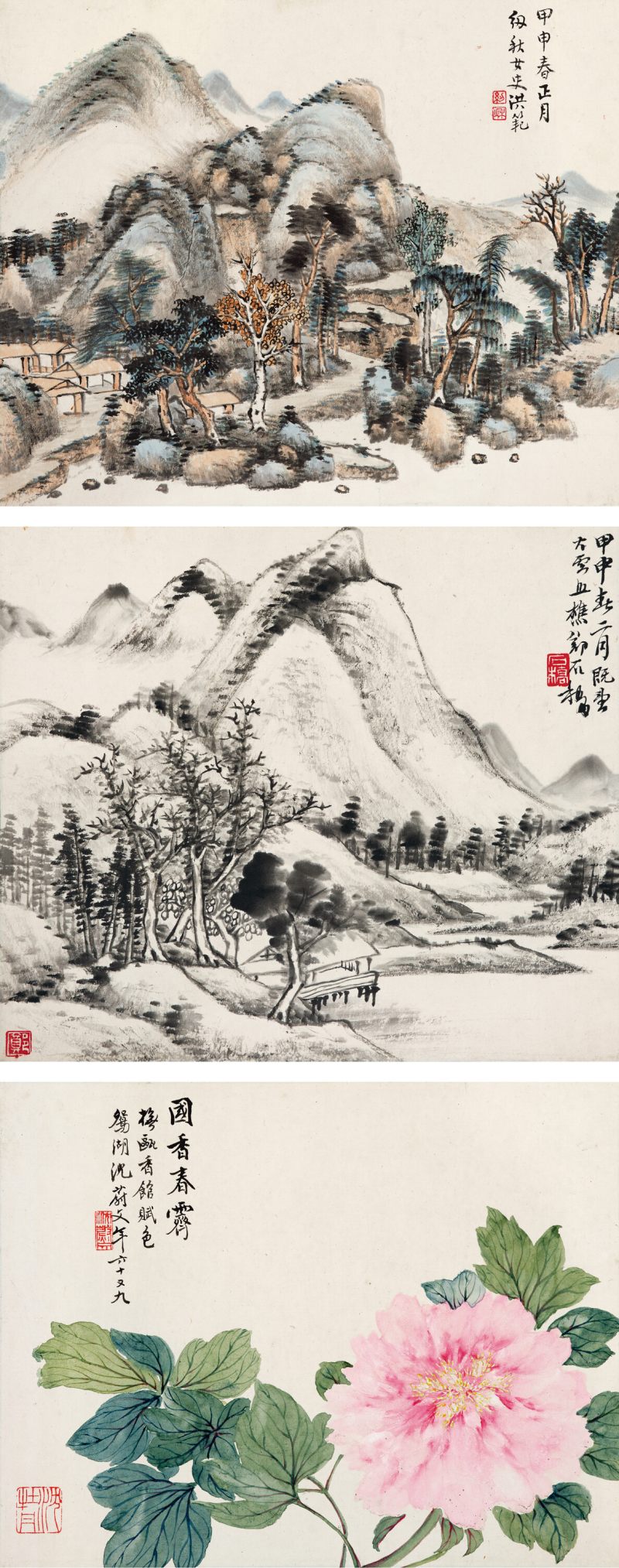 甲申（1944年）作 洪范、郑石桥、沈蔚文 山水花卉三帧 - 图1