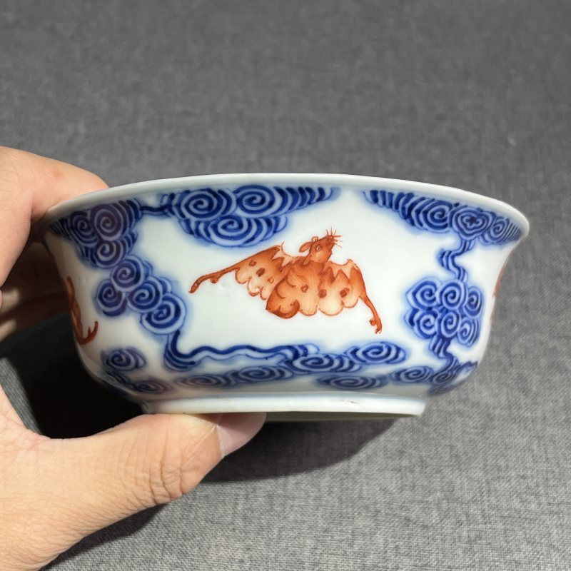 清光绪青花矾红洪福齐天纹碗 - 图4