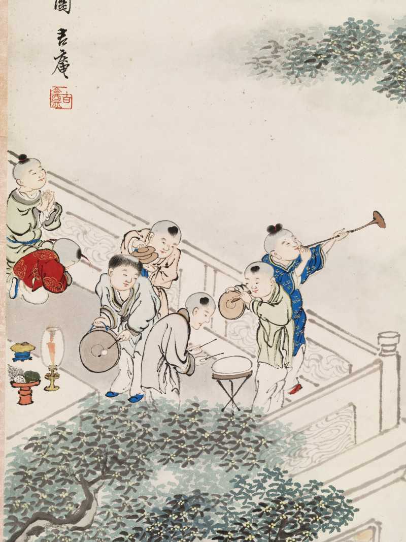 顾让 百子四屏 - 图9