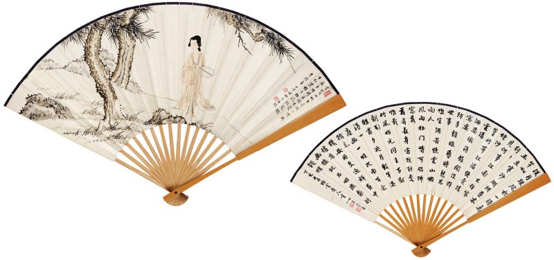 丁亥（1947年）作 卜孝怀、徐宗浩 松荫仕女·行书七言诗
