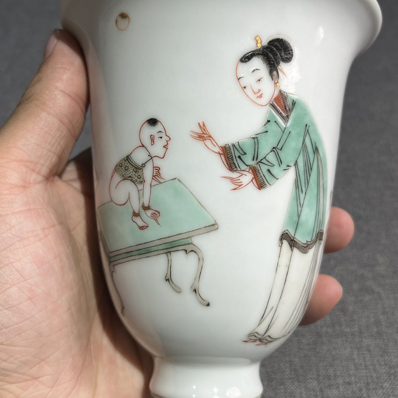 清康熙五彩仕女诗文人物大号铃铛杯 - 图5