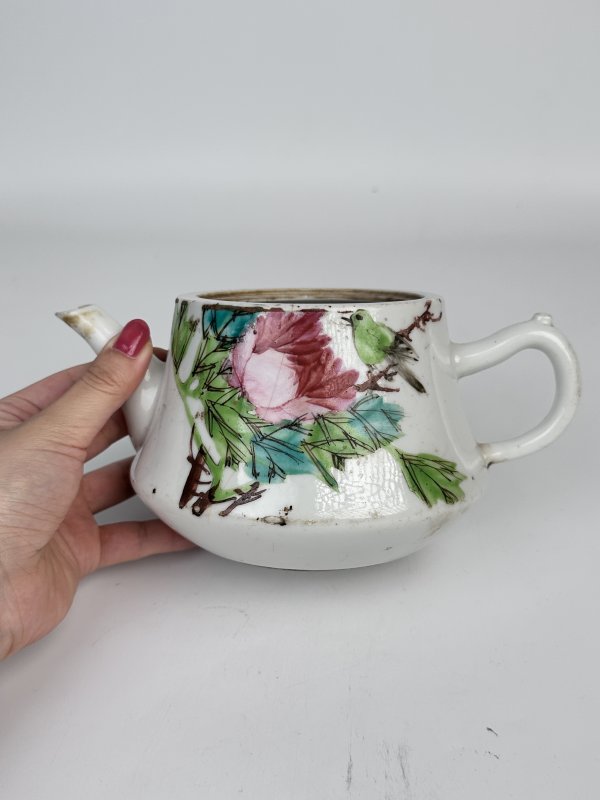 民国浅绛彩画花鸟茶壶 - 图2
