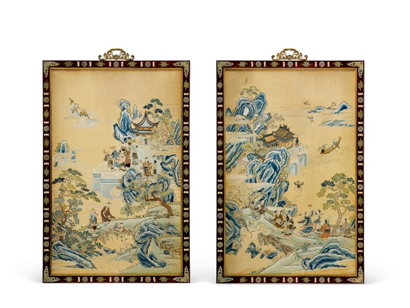 清乾隆蘇繡群仙祝壽圖掛屏一對