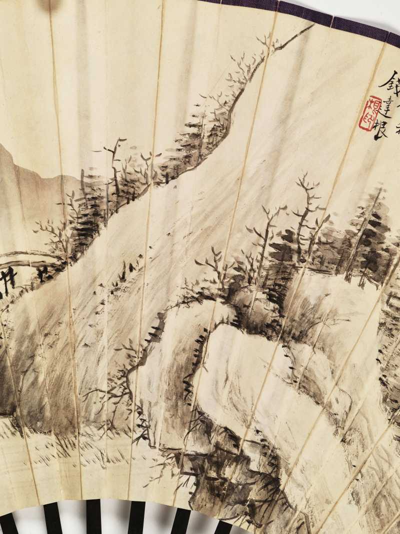 丙子（1936年）、昭阳作噩（1933年）、戊寅（1938年）作 尹绍崑、钱达根、寿玺 山水成扇两柄 - 图5