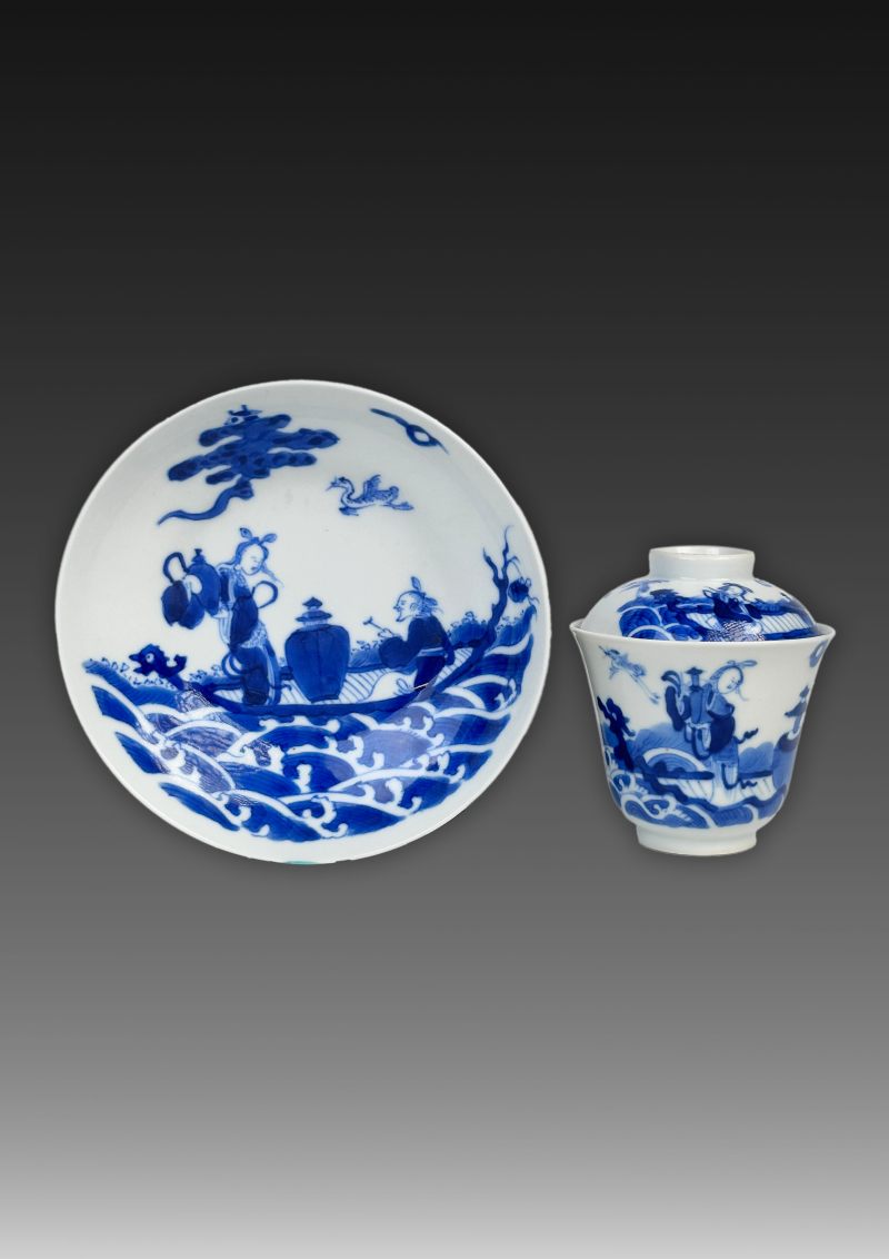 清中期青花海屋添筹图铃铛杯碟套 - 图1