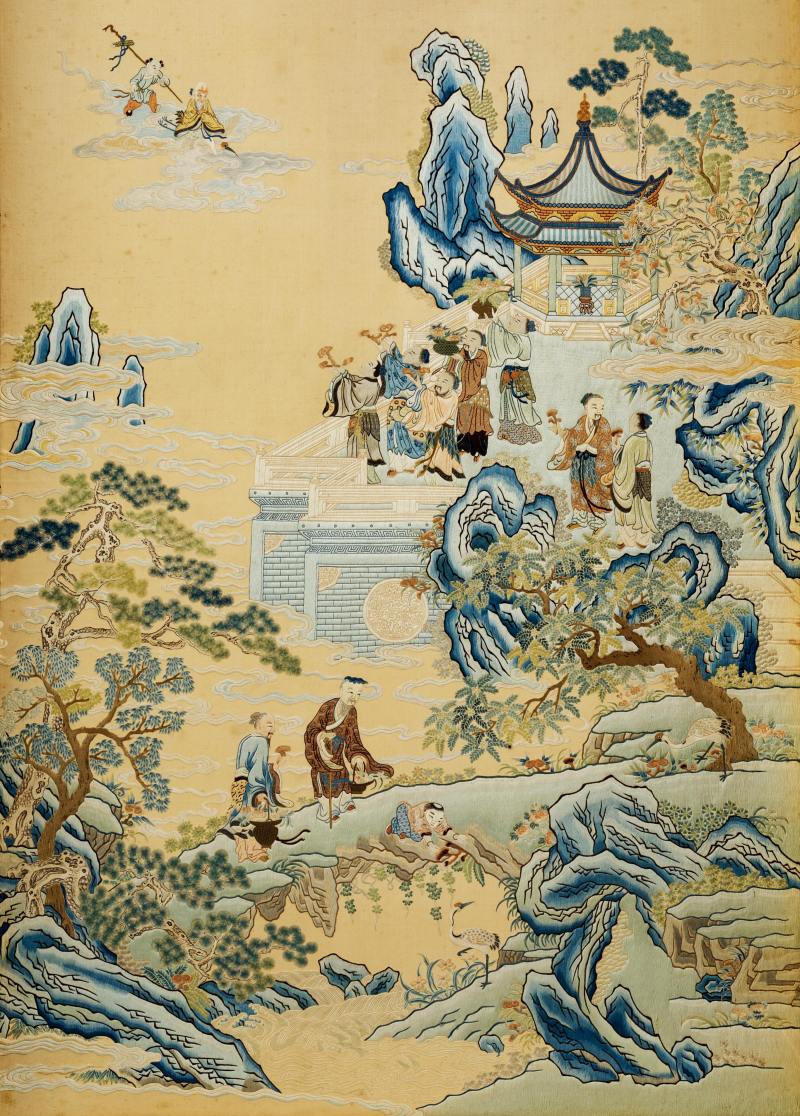 清乾隆蘇繡群仙祝壽圖掛屏一對 - 图2