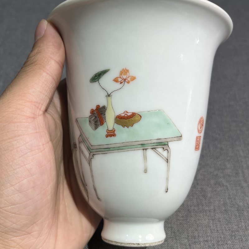 清康熙五彩仕女诗文人物大号铃铛杯 - 图8