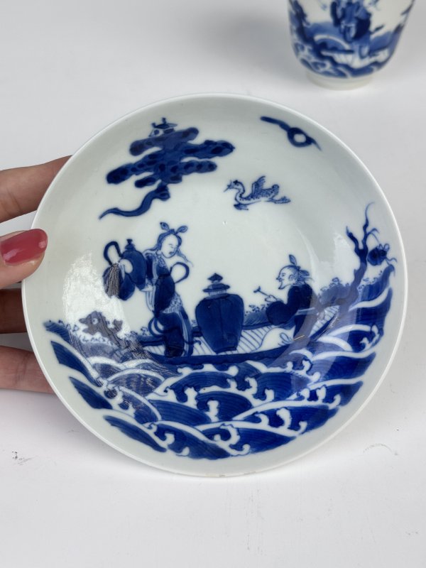 清中期青花海屋添筹图铃铛杯碟套 - 图2