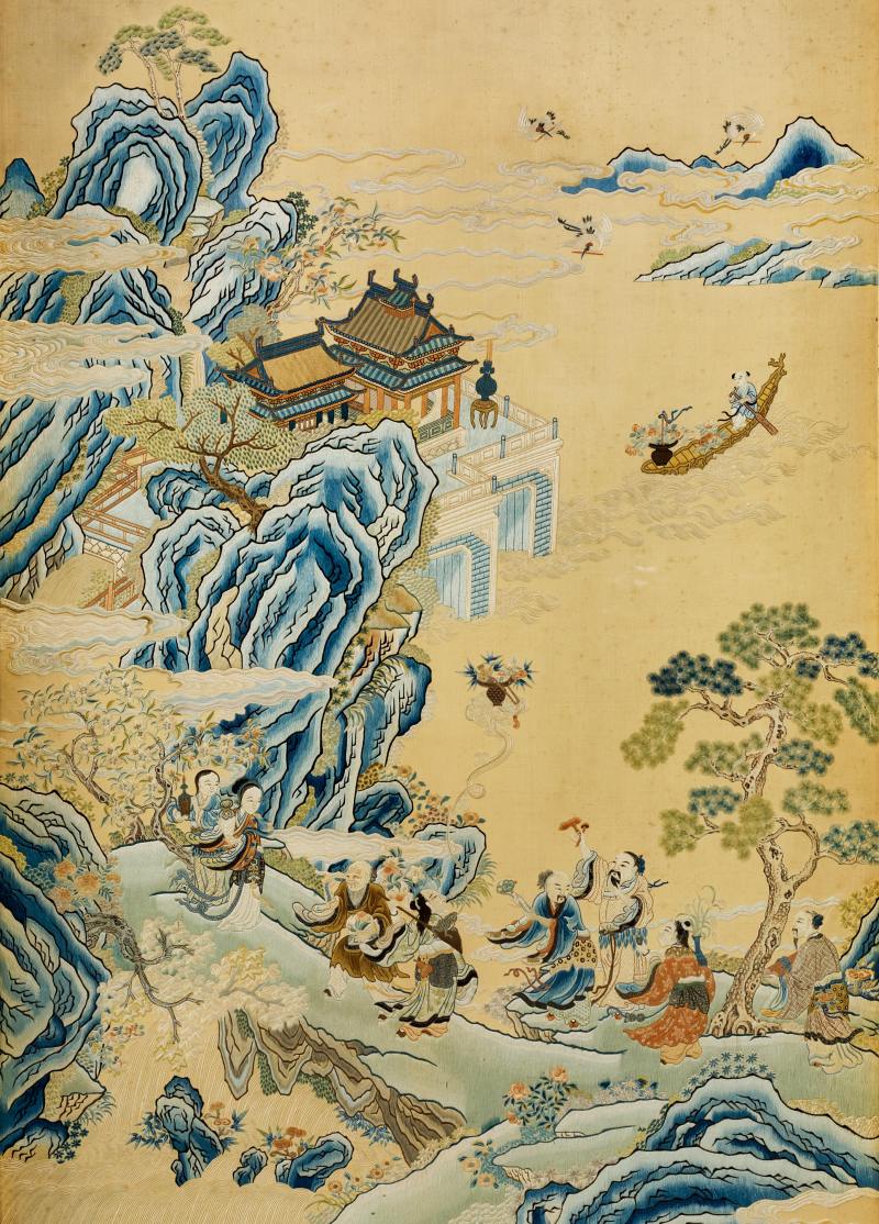 清乾隆蘇繡群仙祝壽圖掛屏一對 - 图3