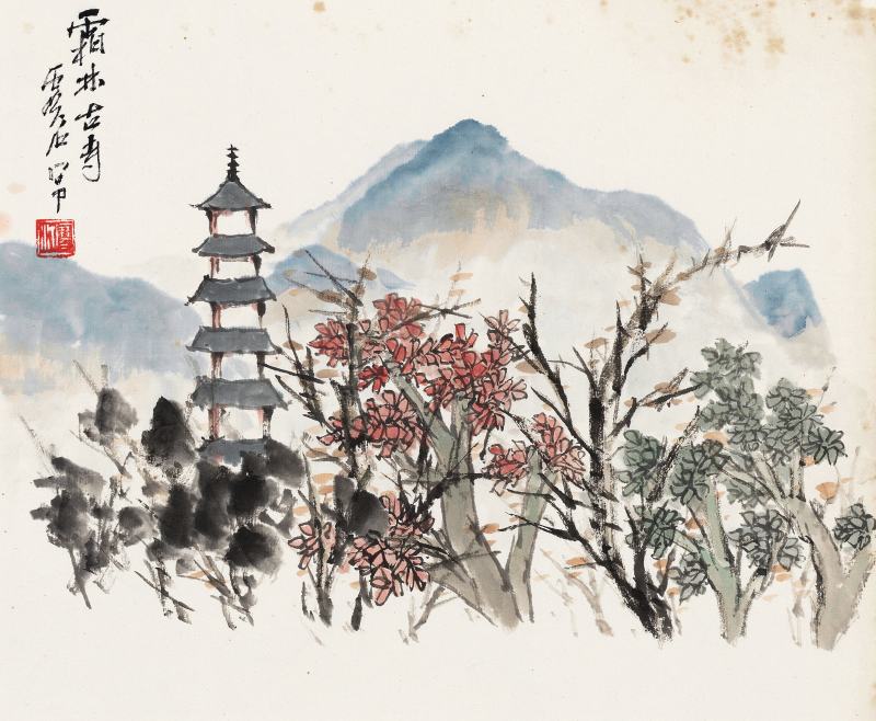 江寒汀 擬虛谷霜林古寺圖