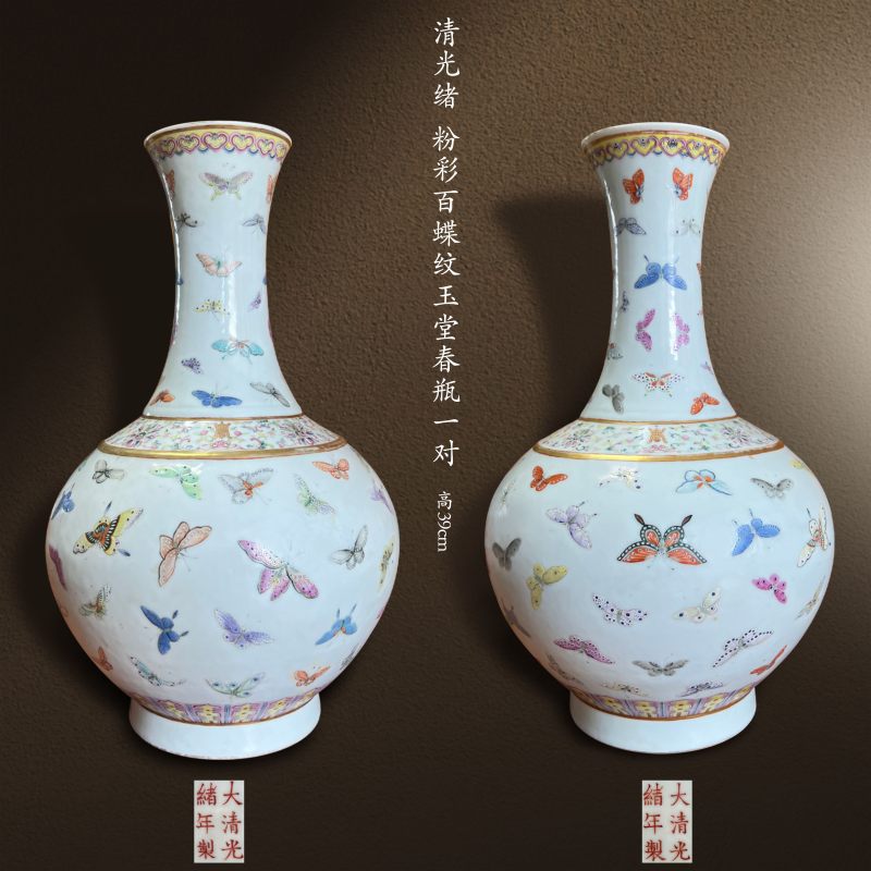 清光绪 粉彩百蝶纹玉堂春瓶一对