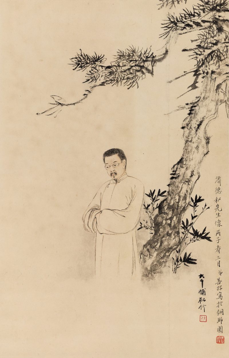 丙子（1936年）作 張大千、張善孖 松下高士