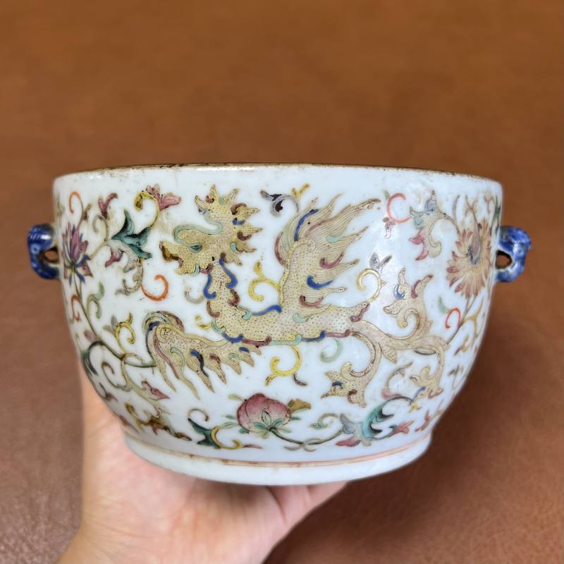 清光绪 粉彩夔凤纹狮耳缸 - 图4