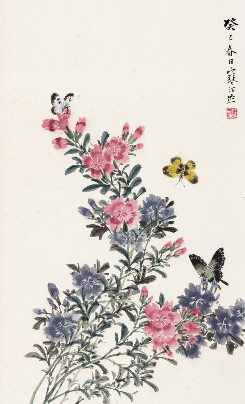 癸巳（1953年）作 江寒汀 竹桃雙蝶