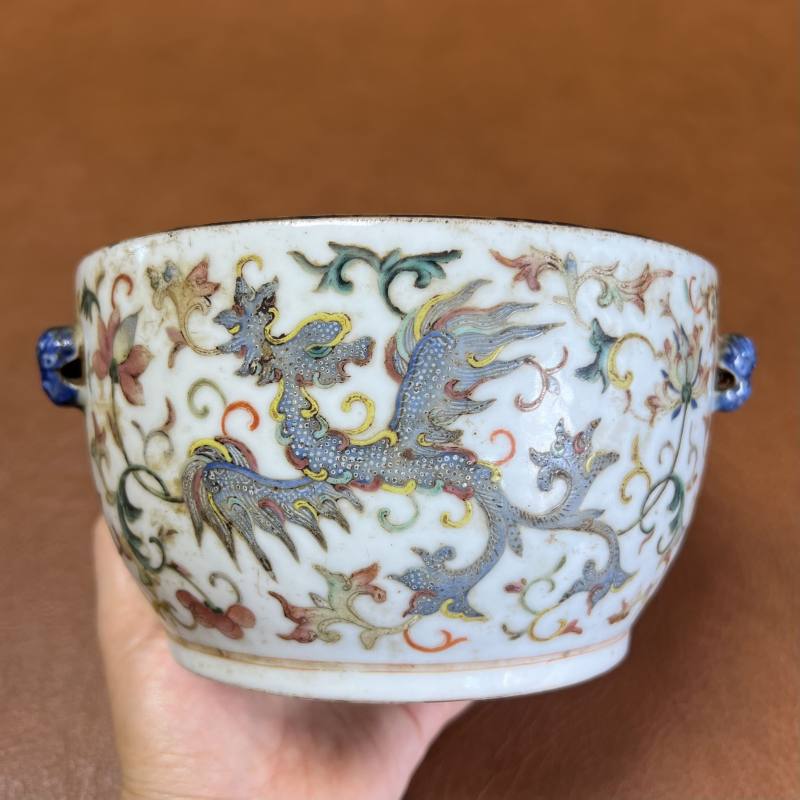 清光绪 粉彩夔凤纹狮耳缸 - 图6