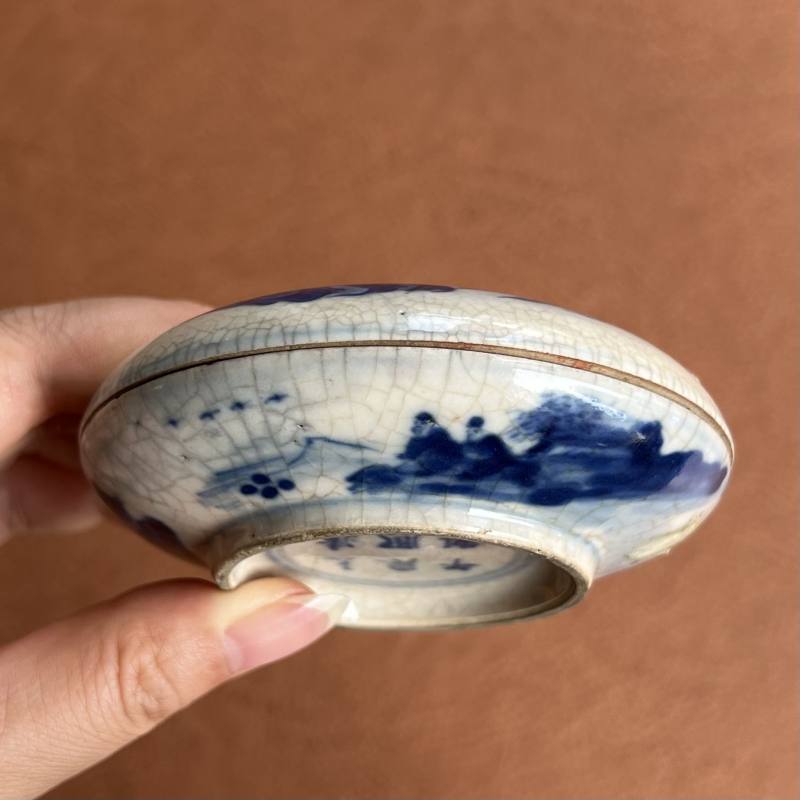 清 浆胎青花秋江遇仙图印泥盒 - 图4