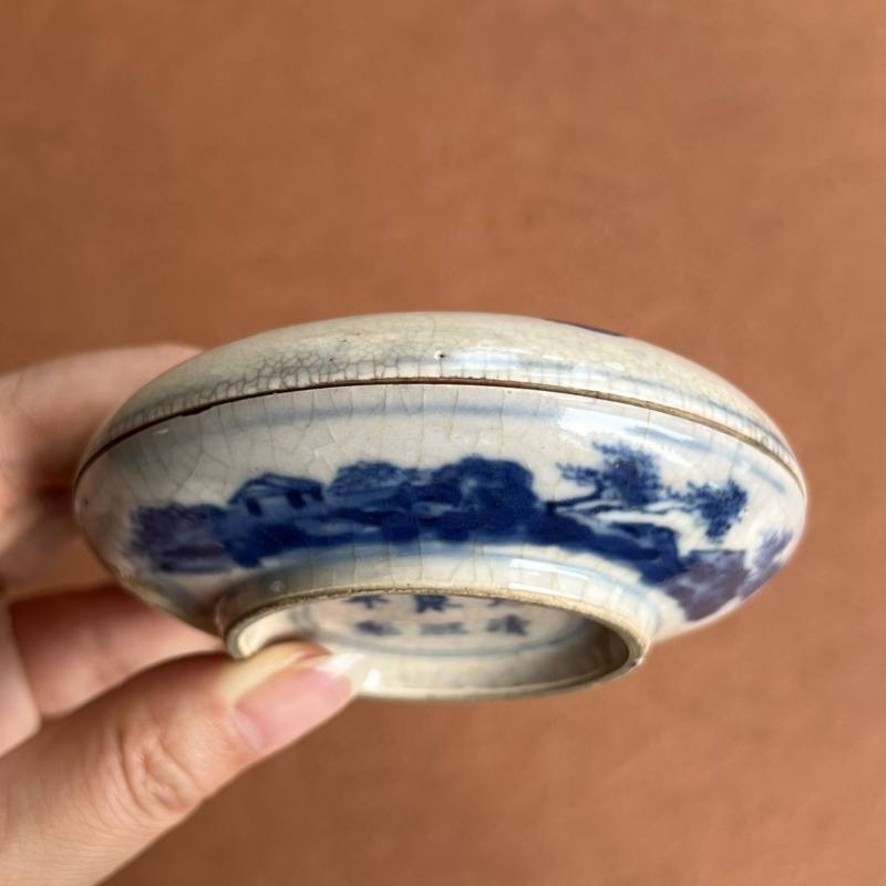 清 浆胎青花秋江遇仙图印泥盒 - 图5