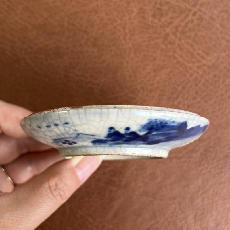 清 浆胎青花秋江遇仙图印泥盒 - 图6