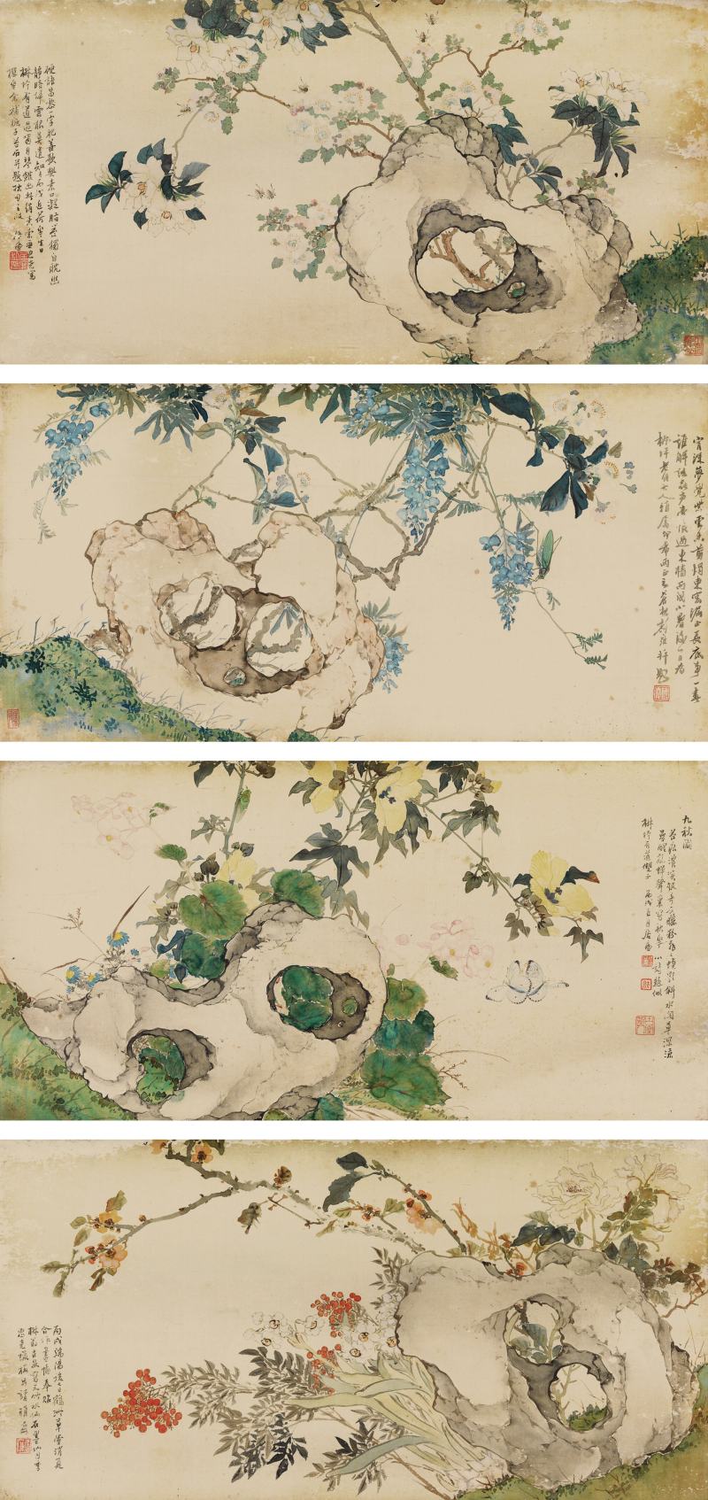 丙戌（1886年）作 居 廉、黎 雍等 花石四幀