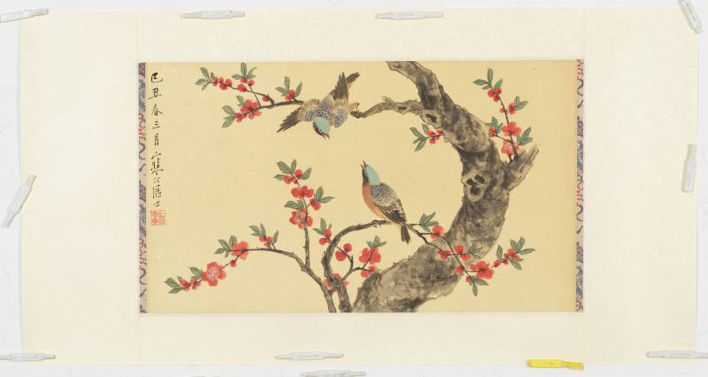 己丑（1949年）作 江寒汀 桃花鳴禽 - 图2