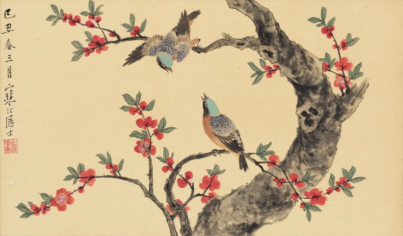 己丑（1949年）作 江寒汀 桃花鳴禽