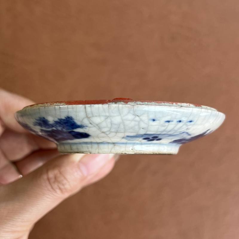 清 浆胎青花秋江遇仙图印泥盒 - 图9