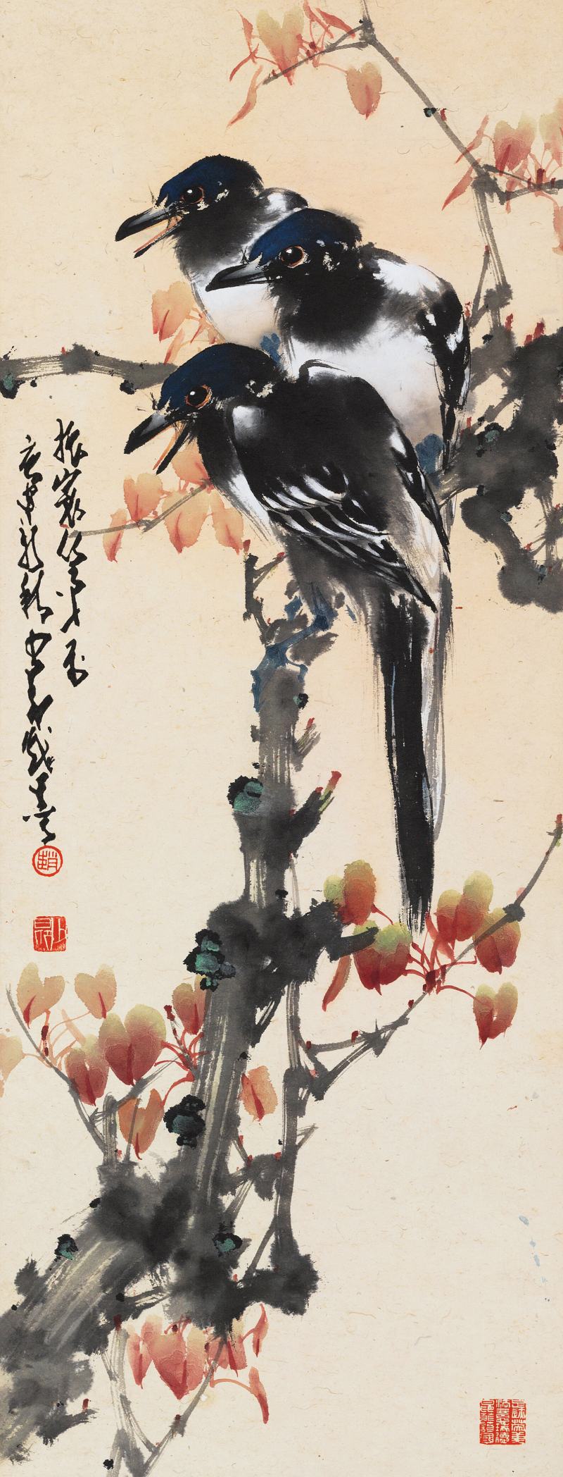 庚申（1980年）作 趙少昂 紅葉喜鵲
