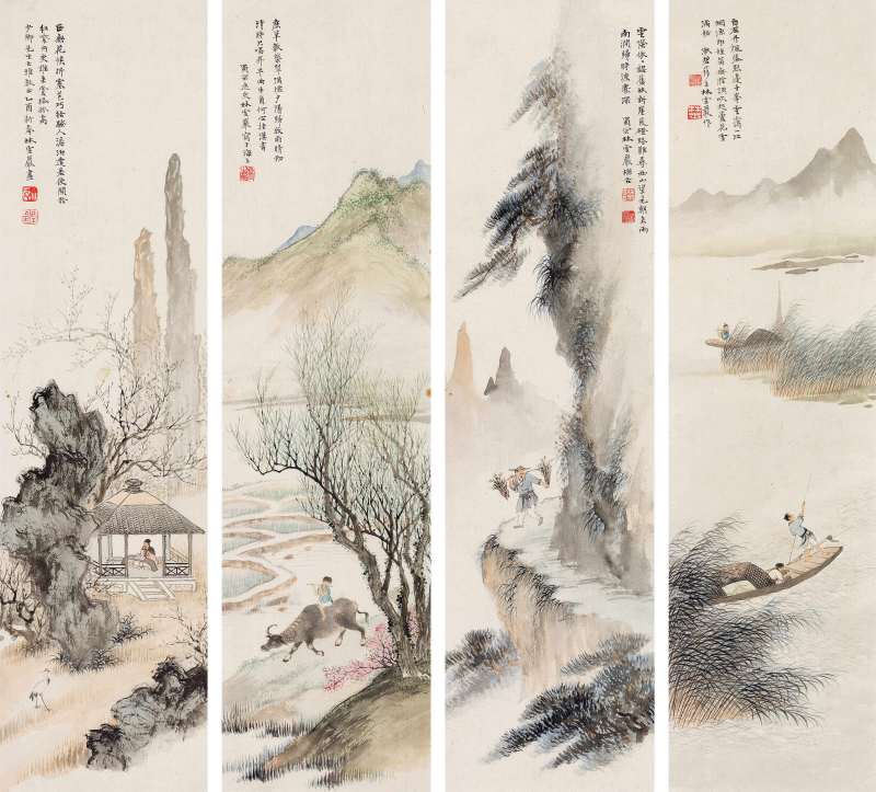 乙酉（1945年）作 林雪岩 漁樵耕讀四屏
