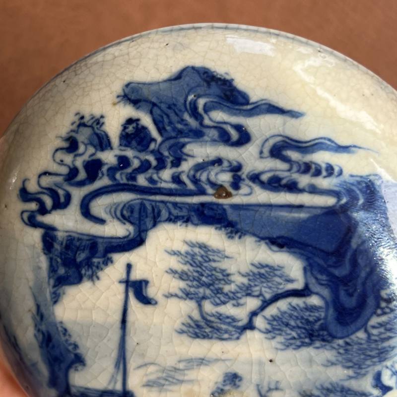 清 浆胎青花秋江遇仙图印泥盒 - 图13