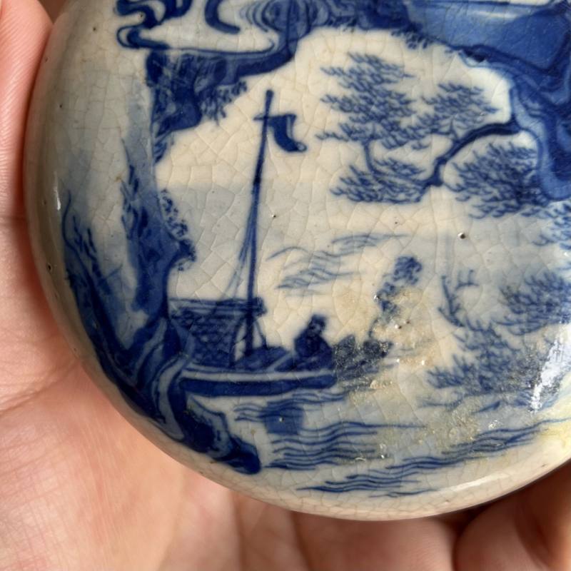 清 浆胎青花秋江遇仙图印泥盒 - 图14