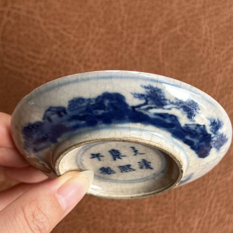 清 浆胎青花秋江遇仙图印泥盒 - 图15