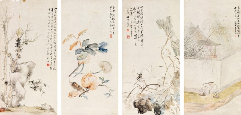 吳穀祥、倪 田等 花果人物四屏