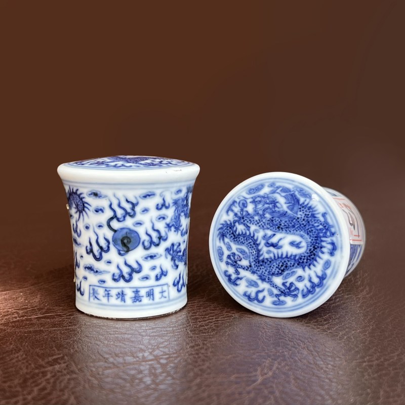 清光绪 青花云龙纹轴头一对 - 图3