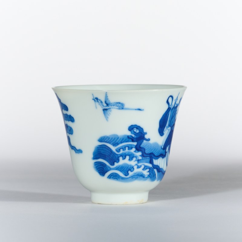 清晚期 青花仙人乘槎图仰钟杯 - 图2