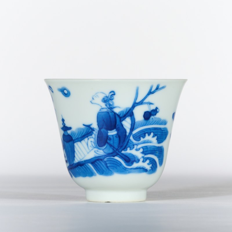 清晚期 青花仙人乘槎图仰钟杯 - 图4