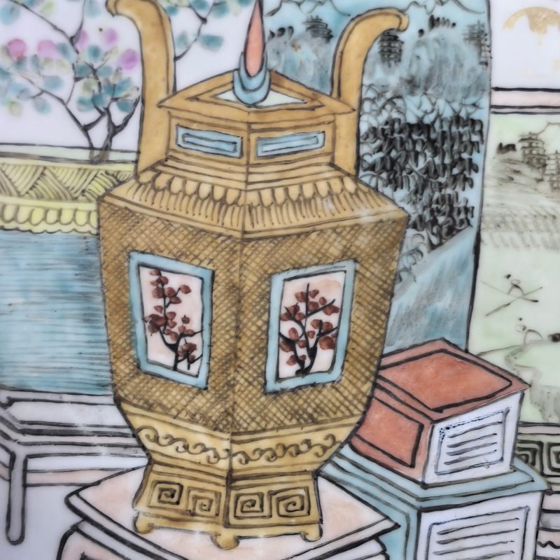 清光绪 浅绛彩博古诗文大盘 - 图5