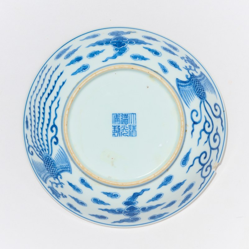 清道光 青花对头风纹盘 - 图2