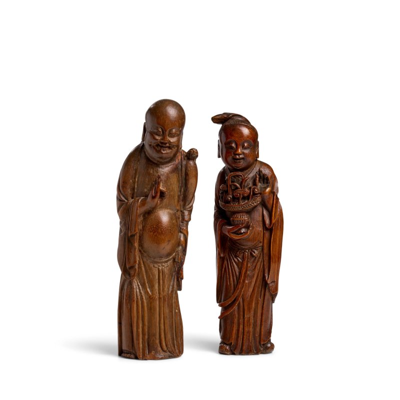 清 竹根雕道教神祇兩件 藍采和 劉海 | TWO BAMBOO ROOT CARVINGS OF DAOIST IMMORTALS, LAN CAIHE AND LIU HAI