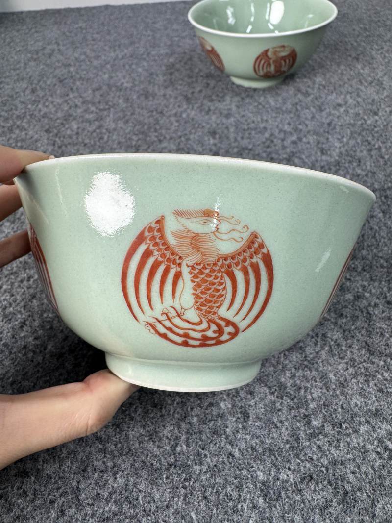清道光 青釉礬紅團鳳紋碗一對 - 图22